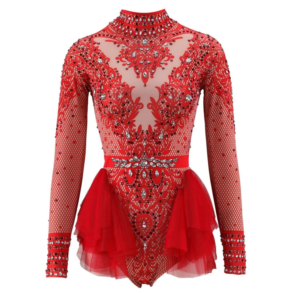 8391 Red Rhinestone Bodysuit Dance Costumes Stunning Long Sleeve Drag Queen